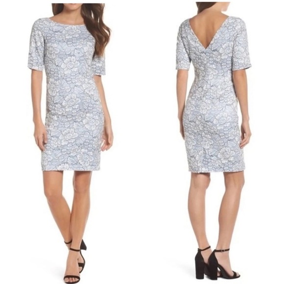 NWT Eliza J | Light Blue Floral Lace Sheath Dress with Low V Back Size 6 - Picture 12 of 12